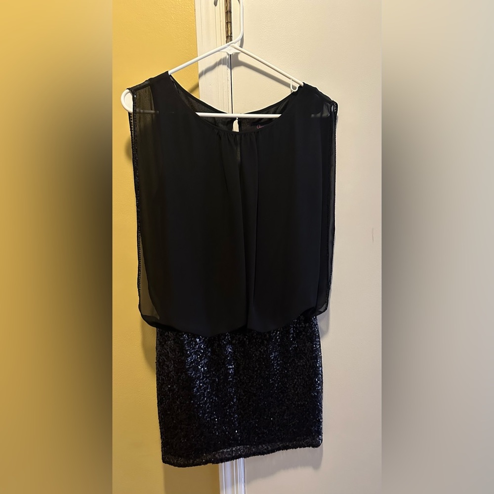 Aqua black minidress w/ sequin bottom & polyester top w/loose sheer overlay. (4)